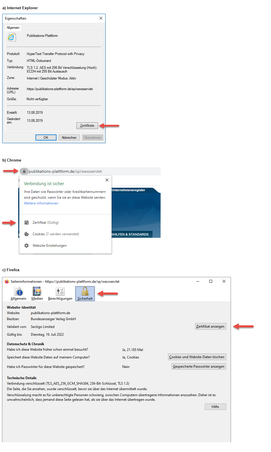 Schaugrafik,
um dem Benutzer zu zeigen, wo er die Informationen zum verwendeten Zertifikat findet