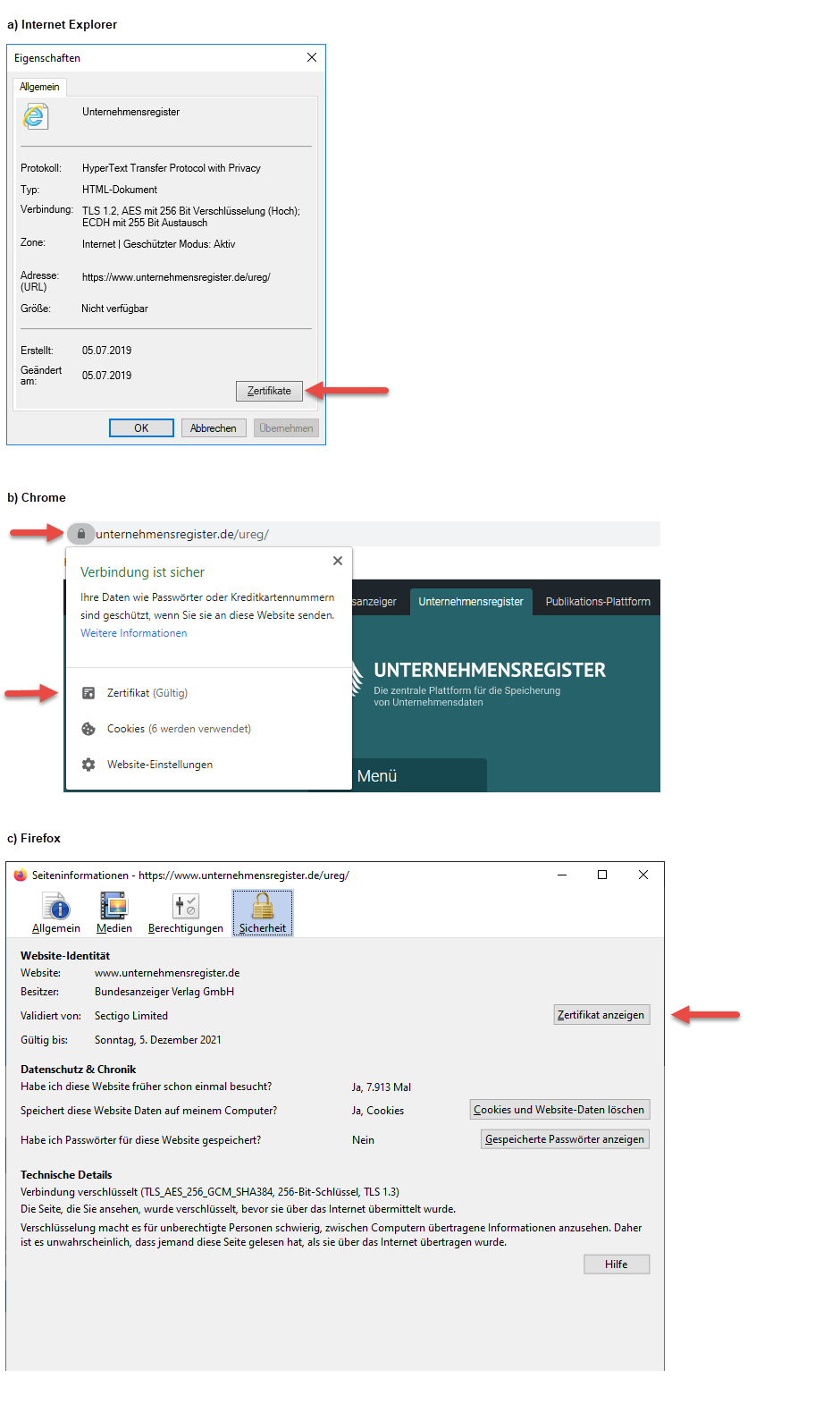 Schaugrafik, um dem Benutzer zu zeigen wo er die Informationen zum verwendeten Zertifikat findet